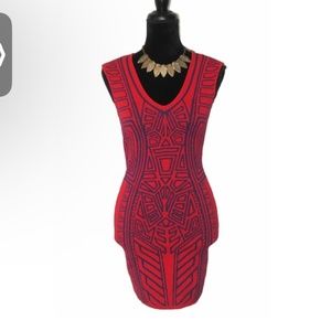 Red Aztec print body con mini dress NWOT
